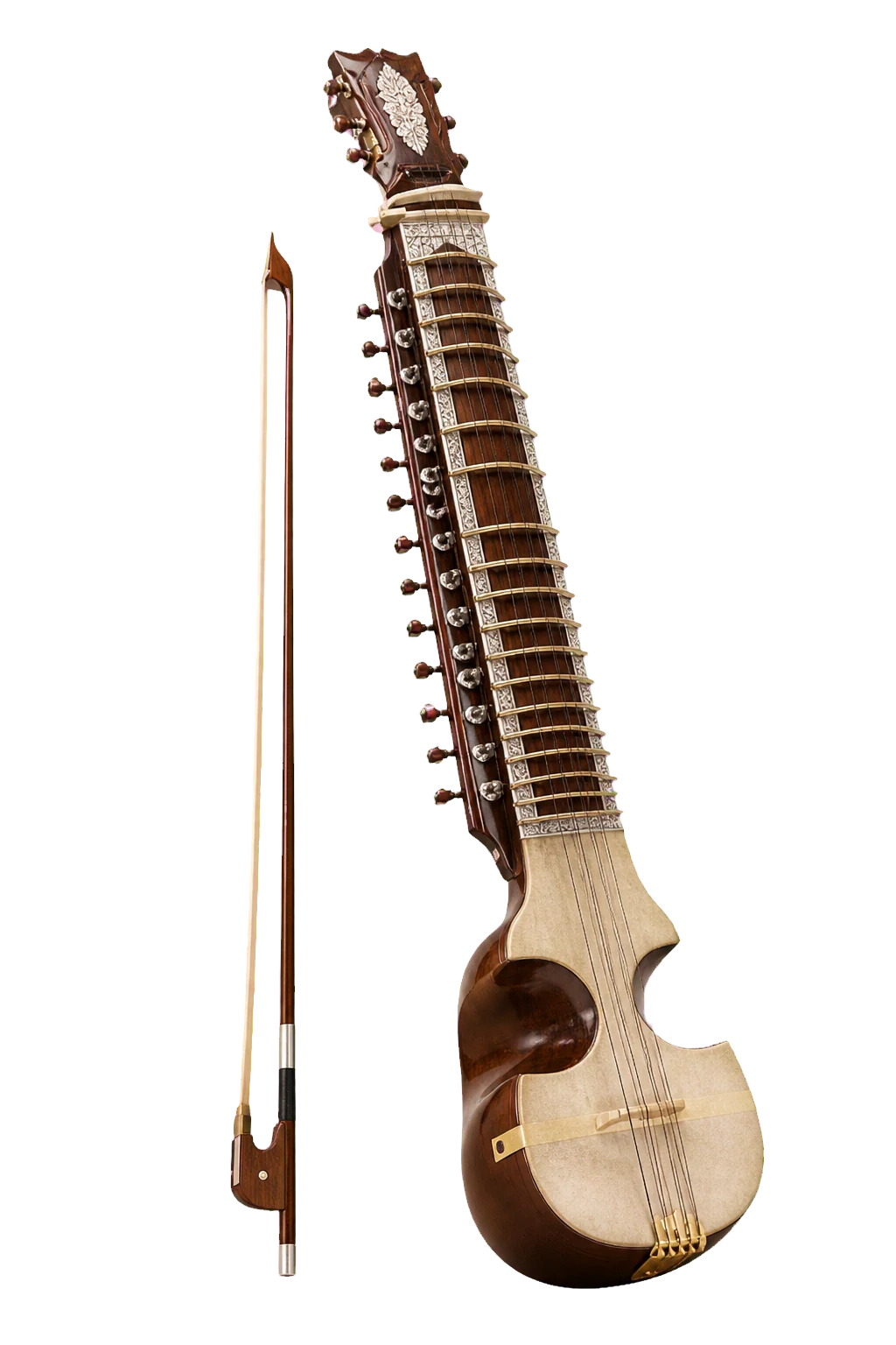 Original three-dimensional illustration of an Esraj and bow